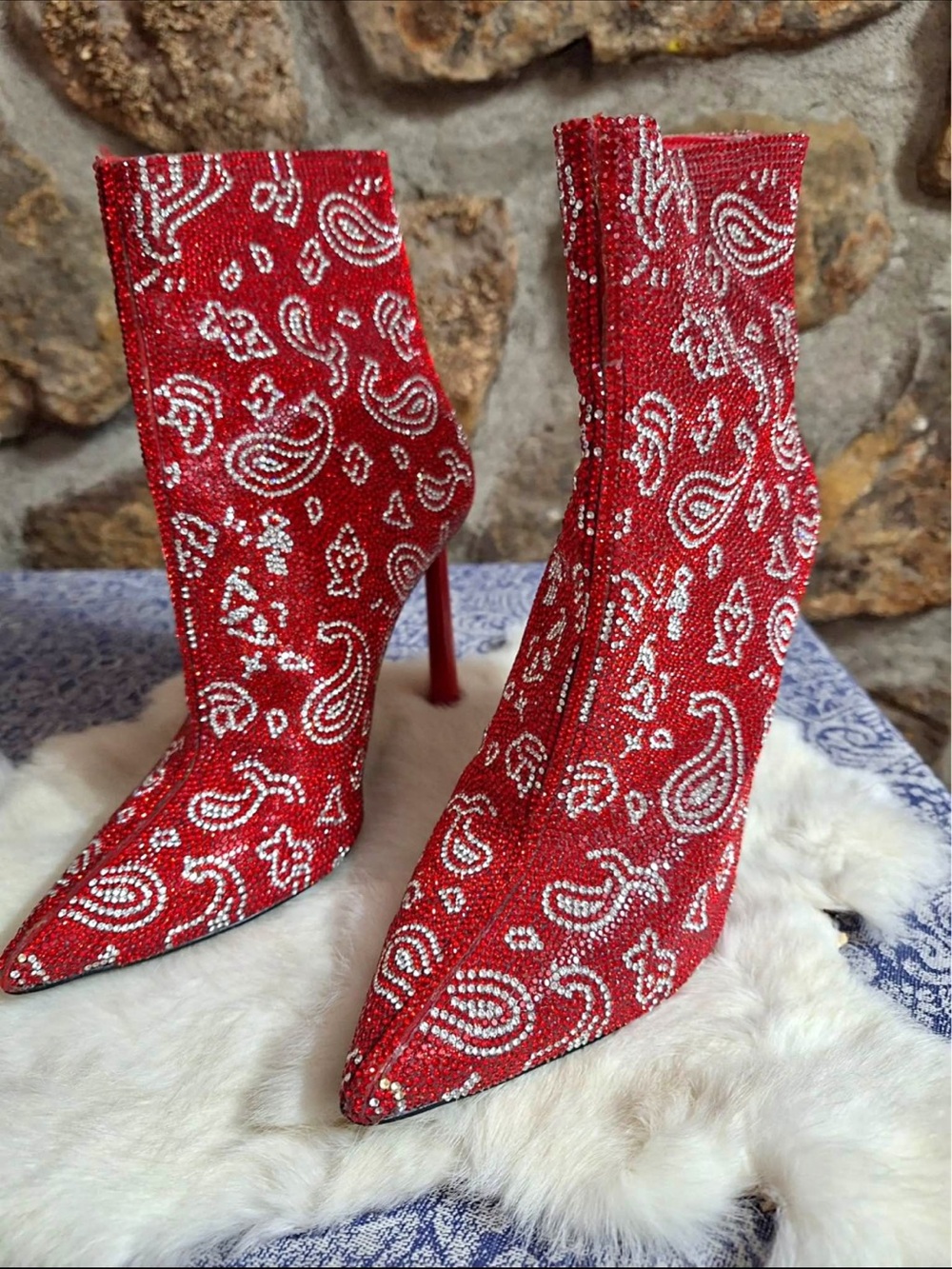 Steve Madden Red Paisley Crystal Pointed-Toe Stiletto Ankle Boots